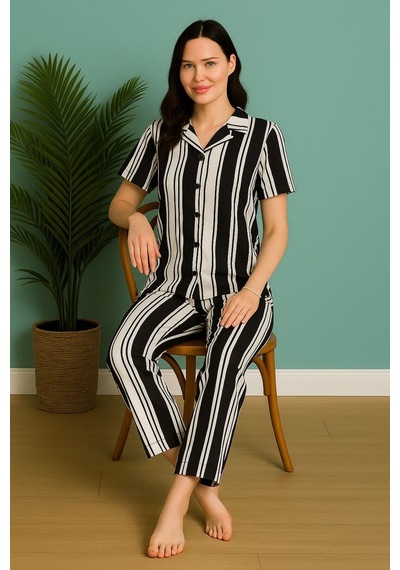 Kadın Kısa Kol Çizgili Pijama Takımı Siyah-beyaz