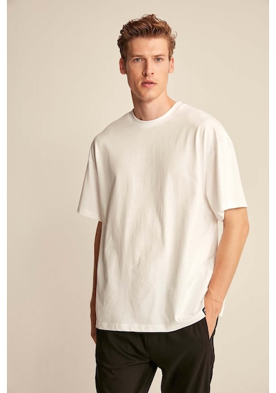 Grımelange Jett Erkek Oversize Fit %100 Organik Pamuk Kalın Dokulu Bisiklet Yakalı Beyaz T-shirt