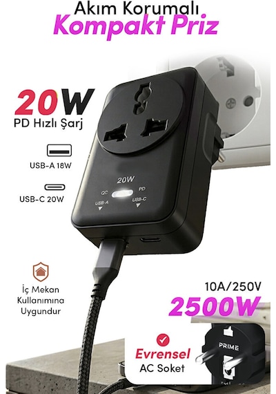 20w Pd Hızlı Şarjlı Akım Korumalı Kompakt Priz 2500w Usb-c & Usb-a 18w Qc Hızlı Şarj Kablosuz
