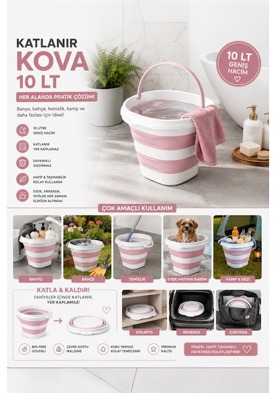 Porsima 1175-1 Damla Katlanabilir Silikon Su Kovası Pudra Beyaz Beyaz - Pembe