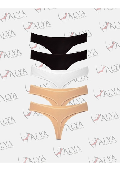 Alya Underwear Kadın Bato Tanga Pamuklu Külot, Büyük Beden String, 5'li Paket- 2 Siyah, 1 Beyaz, 2 Ten Renkli P02