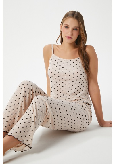 Ritnice Kadın June Askılı Kalp Desen Pudra Alt Üst Pijama Takımı Pudra