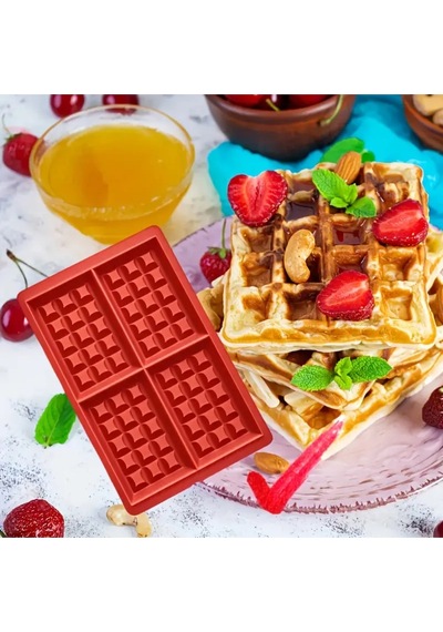 Silikon Fırın Tepsisi 4 Delikli Waffle Kalıbı, Kek Waffle Yapma Tepsisi Kalıbı Kırmızı