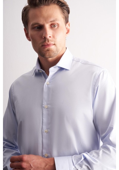 İmza Açık Mavi Yarım İtalyan Yaka Saten Uzun Kol Premium Slim Fit %100 Pamuk Gömlek 1004255195 Açık Mavi
