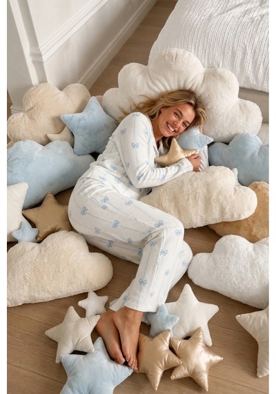 Fit Women Kadın Desenli Düğmeli Uzun Kollu Beyaz Pijama Takımı