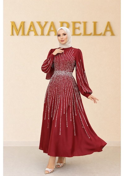 Mayabella İşlemeli Saten Tesettür Abiye Bordo Bordo