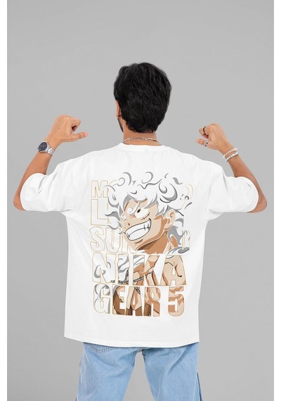 Sevbano Monkey D. Luffy Nika Gear 5 Baskılı Unisex Oversize Anime Karakte Beyaz