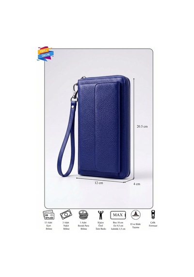 Vanilla Collection Kişiye Özel İsim Baskılı El Portföyü Cüzdan Telefon Bölmeli Fermuarlı Unisex Lacivert Siyah