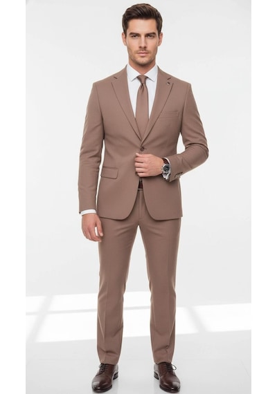 Erkek Slim Fit Mikro Desenli Takım Elbise 2 Düğmeli Çift Yırtmaçlı Modern Ceket Pantolon Takım Vizon