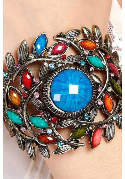 Tblk02690 Renkli Taşlı Döküm Metal Kelepçe Model Kadın Bilezik 2681-2696 Çok Renkli