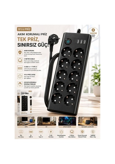 10 Lu Akım Korumalı Priz 3680w 3 Usb-a + 1 Type-c Hızlı Şarj 2 Metre Kablo 0 - 2 M