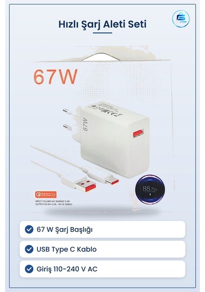 Şarj Aleti 67 W Hızlı Adaptör Usb Type C Kablolu Set Telefon Uyum