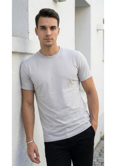 Plus Scorpion T02 Kol Katlama Erkek Slim Fit Basic Tişört Bisiklet Yaka, Düz Kumaş, Yazlık Model Gri