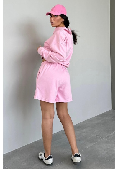 Madmext Pembe Polo Yaka Kadın Şort Sweatshirt Takım Mg2375