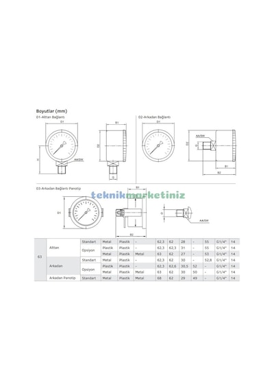 63MM -760/0 MMhg ALTtan Çıkışlı G1/4" Kurutip VakuMMetre Pakkens