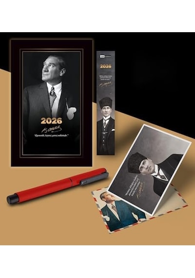 2026 İstikbal Atatürk Ajandası Ayraç Kartpostal Kalem - Kırmızı