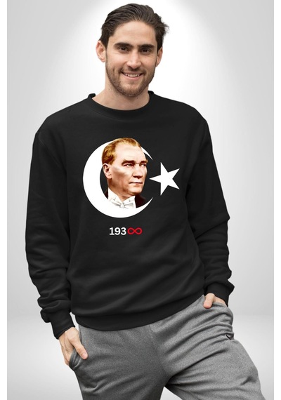 Atatürk Türk Bayrağı Sonsuzluk Unisex Siyah Sweatshirt Siyah
