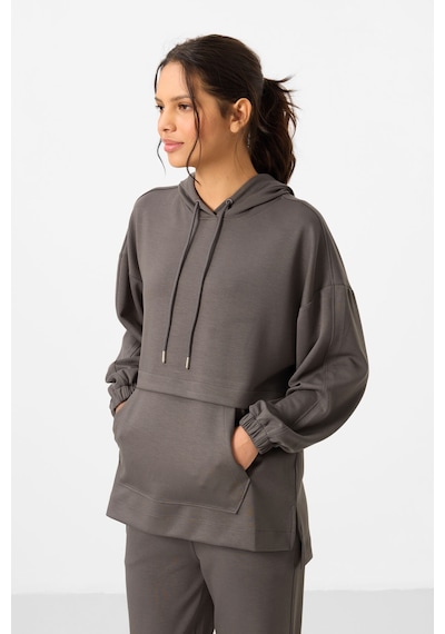Tommylife Koyu Gri Yumuşak Dokulu Kapüşonlu Oversize Kadın Eşofman Tunik Takım - 95348 Koyu Gri