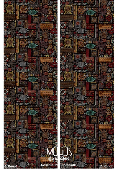 Hitit Figure 4 Desenli Süet Oturma Odası Salon Fon Perde Baskılı Ekstrafor Büzgü 2 Kanat Prd-1017 Çok Renkli