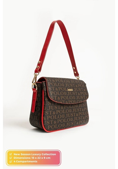 Just Polo Kadın Baskılı Ayarlanabilir Askılı El & Omuz Çantası Ebat : 26 X 13 Cm Shopper Kahve Kırmızı