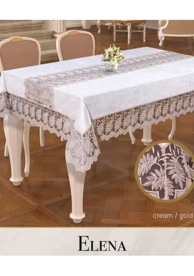 Elena Model Krem-gold Keten 160x220 Cm İşlemeli Dantelli Şık Masa Örtüsü Sarı