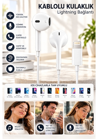 Lightning Kablolu Kulak İçi Kulaklık Mikrofonlu, Ses Kontrollü, Çağrı Destekli, 1.2 Metre Kablo, İphone Uyumlu Kablolu Kulaklık