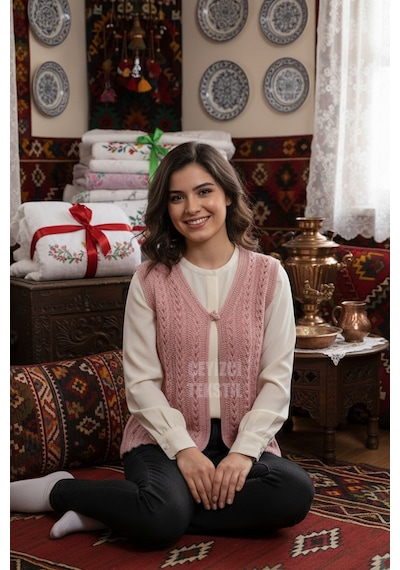 Ulupazarlama Çeyizlik Yelek, Simli Yelek, Örgülü Yelek, Hediyelik Yelek, Gelin Simli Yelek - Pudra Çok Renkli