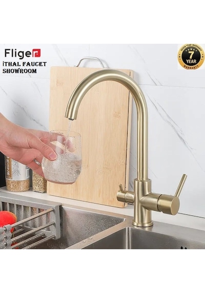 Mutfak Evye Bataryası Dual Flow Su Arıtma Çıkışlı Spiralli Fiskiyeli Ithal Mat Gold Evye