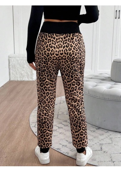 Zennamoda Kadın Yüksek Bel Bağcıklı Desenli Iki Iplik Pantolon Leopar