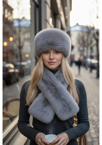 Givoria Kadın Kürklü Atkı Ve Kalpak Şapka Takımı Rus Slav Tarzı Kışlık Peluş Eskimo Set Gri Gri