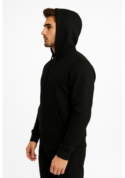 Axxel Erkek Siyah Fermuarlı Kapüşonlu Sweatshirt-w590 Siyah 3 İplik Şardonlu
