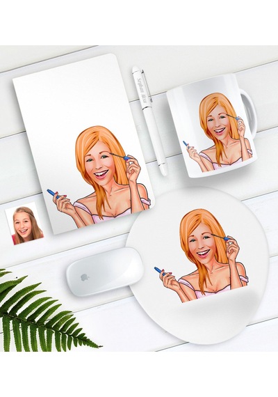 Kişiye Özel Bayan Karikatürlü Defter Kalem Kupa Mouse Pad Seti-21