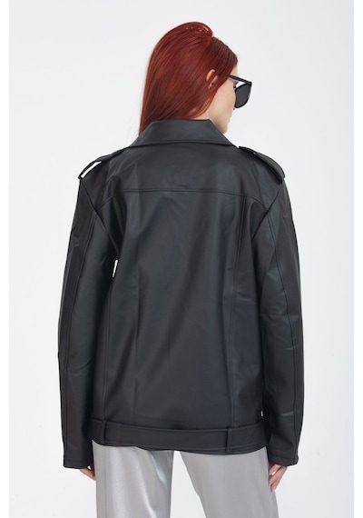 Pin Fashion Kadın Oversıze Tarz Uzun Deri Ceket Siyah Siyah