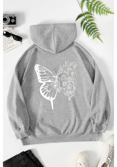 Uyguntarz Unisex Drawing Butterflies Sırt Baskılı Sweatshirt Gri