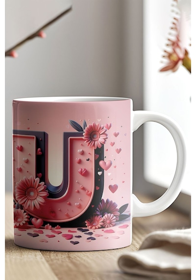 Renkli Çiçekli U Harfi Baskılı 3d Görünümlü Tasarım Mug Kupa Bardak Silver