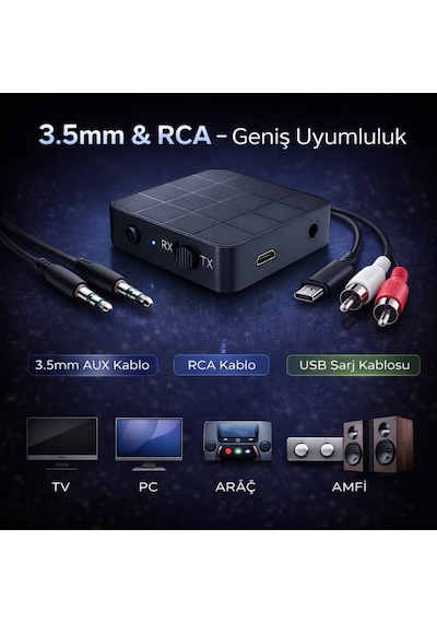 Polham Bluetooth 5.0 Ses Alıcı Ve Verici Rx/tx Tv İçin Kablosuz Kulaklık Adaptörü 3.5mm & Rca Destekli