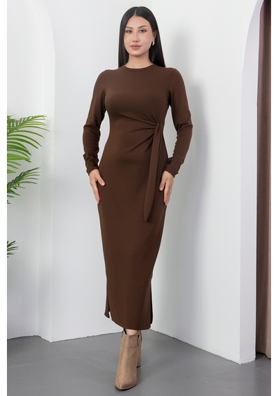 Kalopya Yandan Bağlamalı Yırtmaçlı Model Elbise Dks1136 Kahve