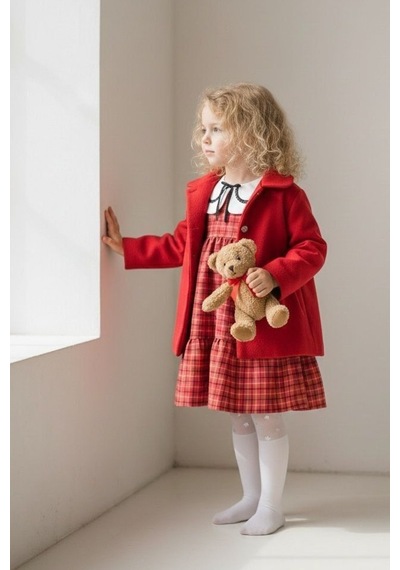 Mnk Baby & Kids Kaşe Ceketli Kız Çocuk Ekose Kumaş Nakış Yaka Elbise M00796 Kırmızı