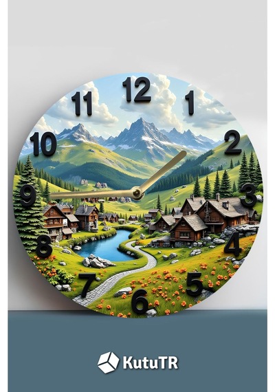 Alpine Dream Dağ Evleri Temalı Manzara Mdf Duvar Saati Sessiz Mekanizma Sdw222 Renkli