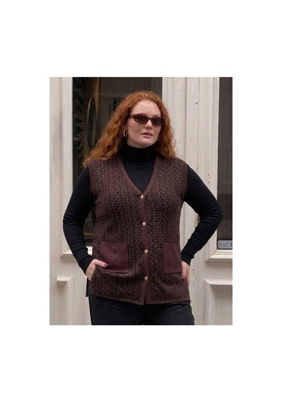 Onno Style Women Büyük Beden Çelik Örgü Klasik Leopar Desen Triko Kadın Yelek Bordo