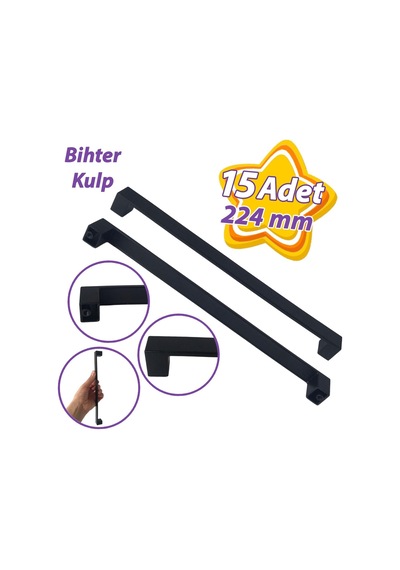 15 Adet Bihter Düz Kulp 224 Mm Siyah Mutfak Kulpu Çekmece Dolap Kapak Kulbu Metal Mobilya Dolabı Kulpları