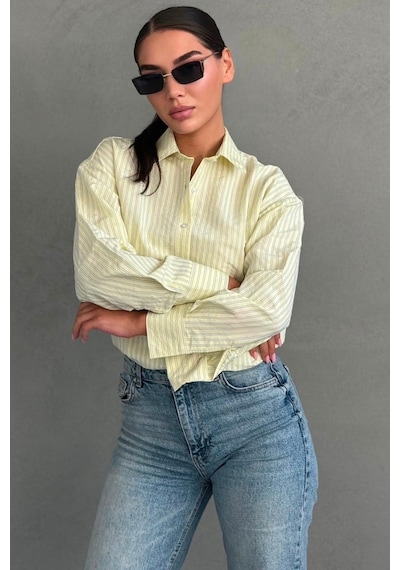 Madmext Sarı Çizgili Oversize Kadın Gömlek Mg2732