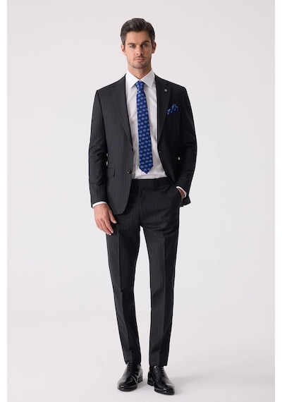 Erkek Siyah Slim Fit Çizgili %100 Yün Takım Elbise