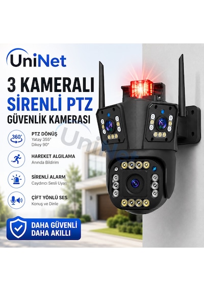 Uninet 5mp Üç Kameralı Wifi Ptz Güvenlik Kamerası 355 /90 Dönebilen Kamera , Akıllı Takip, Dijital Zoom, Siren Ve Ip Dış Mekân