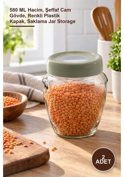 2 Adet Cam Kavanoz 580 Ml Hacim, Şeffaf Cam Gövde, Renkli Plastik Kapak, Saklama Jar Storage Açık