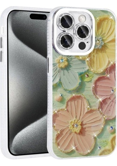 Apple Uyumlu iPhone 15 Pro Max Kılıf Çiçek Desenli Parlak Taşlı Sert Silikon Zore Garden Kapak Colorful