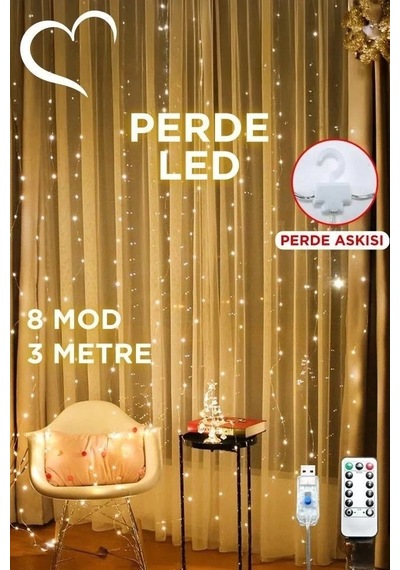 Lw-7 300 Ledli 10 Sarkıt Perde Led Işık, 8 Modlu Uzaktan Kumandalı, 3x3 Metre Peri Telli Led Çoklu Renk