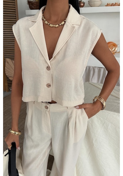 WeShaya Kadın Ekru Kolsuz Polyester Crop Dokuma Takım Ekru