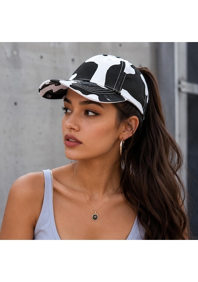 Valkyrie İnek Desenli Kadın Şapka Ayarlanabilir Baseball Cap Siyah Beyaz Spor Günlük Unisex Siyah - Beyaz