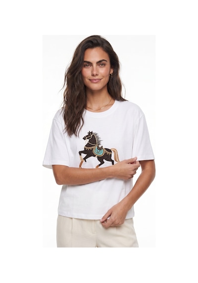 Onloox Kadın Beyaz Beyaz Pamuklu Bisiklet Yaka Kısa Kollu Oversize At Figürlü Nakış Ve Boncuk Detaylı T-shirt